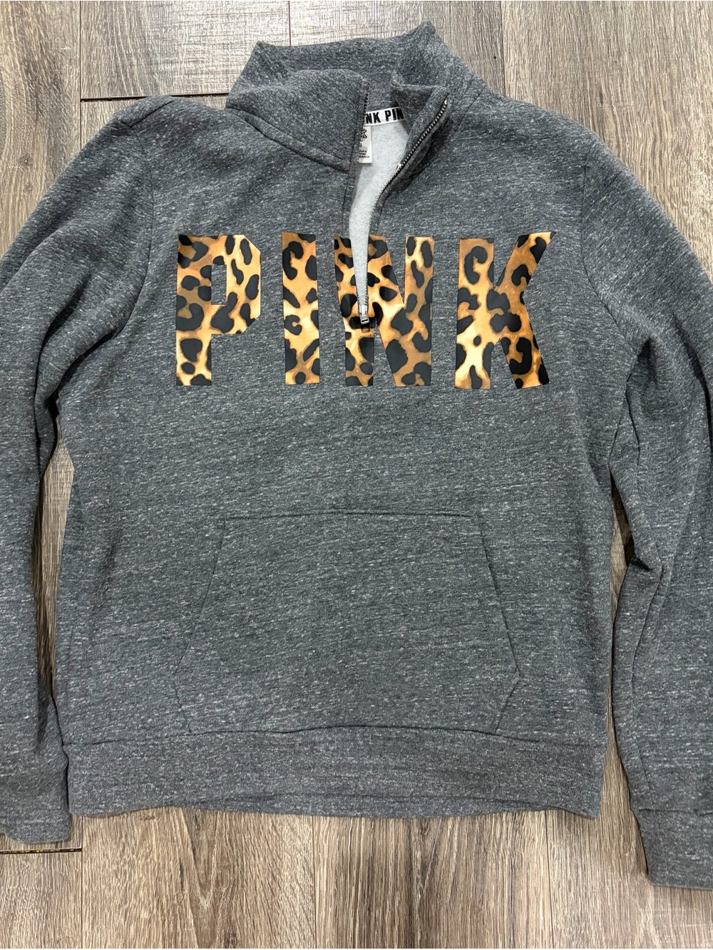 PINK Victoria's Secret Gray Quarter-Zip Pullover with Leopard Logo